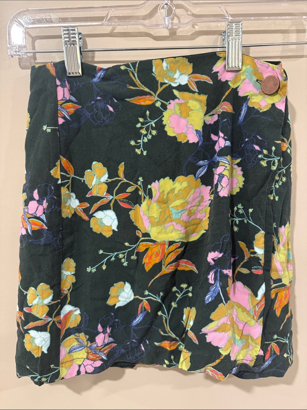 Urban Outfitters Floral Wrap Mini Skirt in Black with Pink & Yellow Blooms